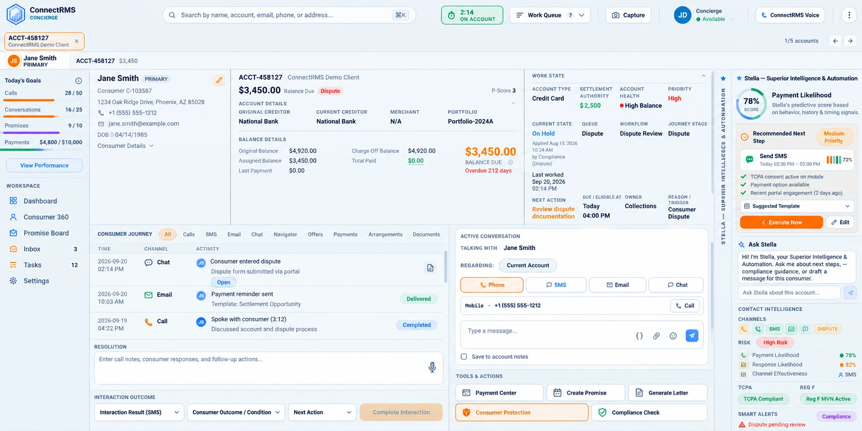 ConnectRMS Concierge Workspace showing consumer account management, workflow, communications, and Stella Superior Intelligence & Automation