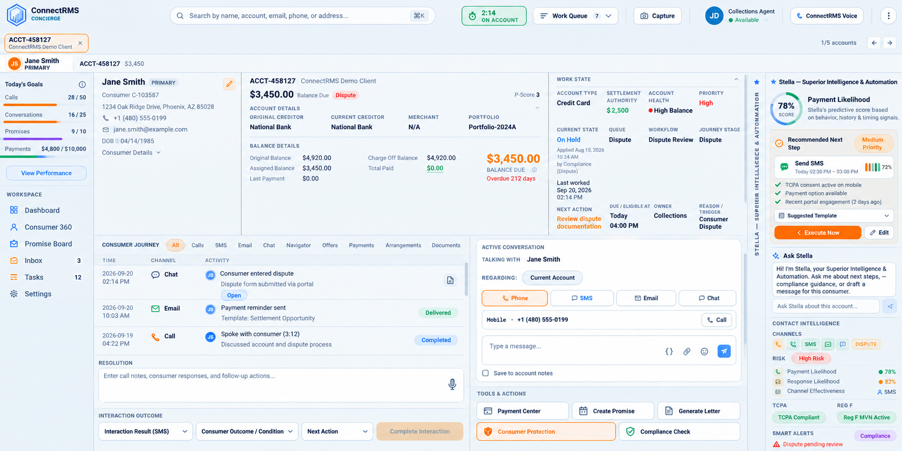 ConnectRMS Concierge Workspace showing consumer account management, workflow, communications, and Stella Superior Intelligence & Automation